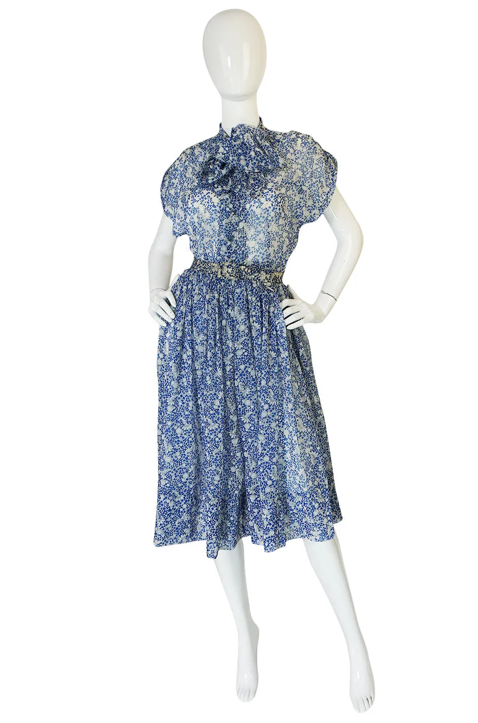 1940s Blue & White Chiffon Joker Print Novelty Dress