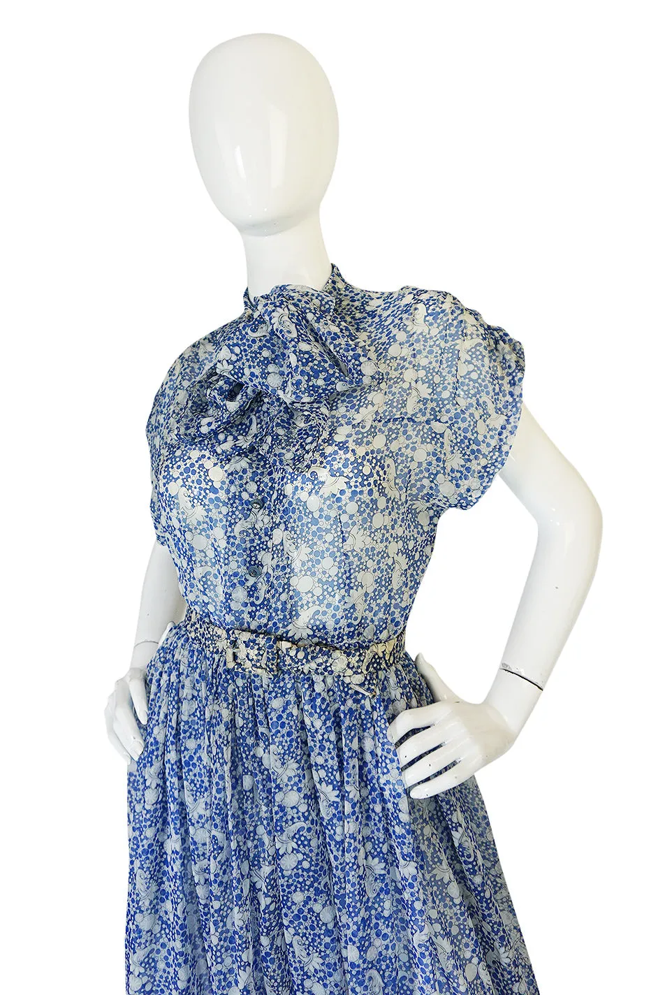 1940s Blue & White Chiffon Joker Print Novelty Dress