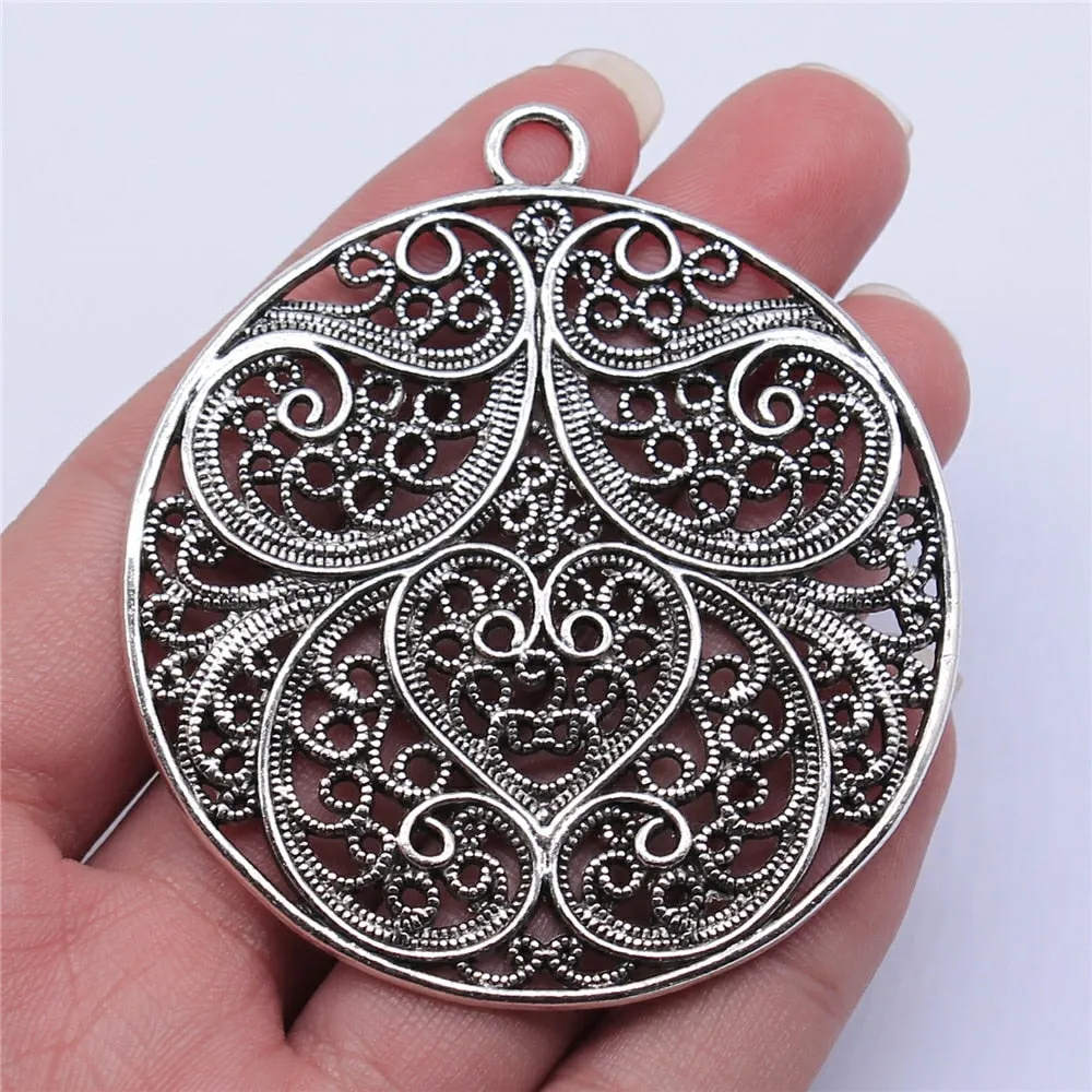 1pcs 60x60mm Antique Silver Color Round Hollow Flower Charms Pendant For Jewelry Making DIY Jewelry Findings