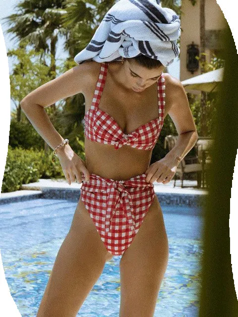 2022 Vintage Plaid Push Up High Waist Swim Wear Bathing Suit