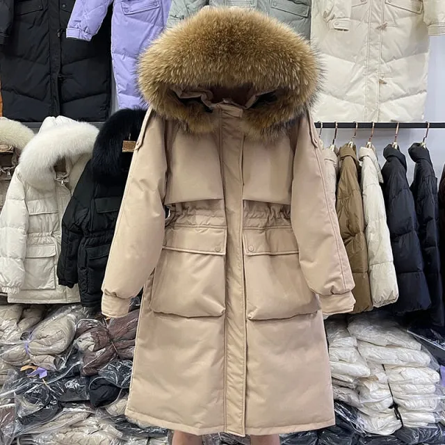 90% Real Down Long Parka Winter Women Long Jacket Large Natural Fur Hooded Parka