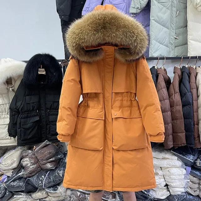 90% Real Down Long Parka Winter Women Long Jacket Large Natural Fur Hooded Parka