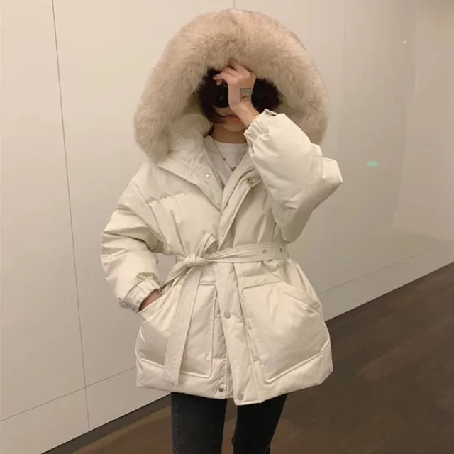 90% Real Duck Down Coat Winter Large Natural Fur Collar Hooded Jacket Women