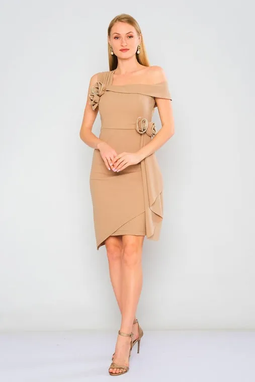 A-symmetric Knee Length Crepe Dress - Beige