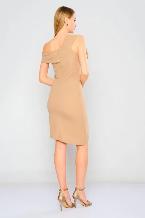 A-symmetric Knee Length Crepe Dress - Beige