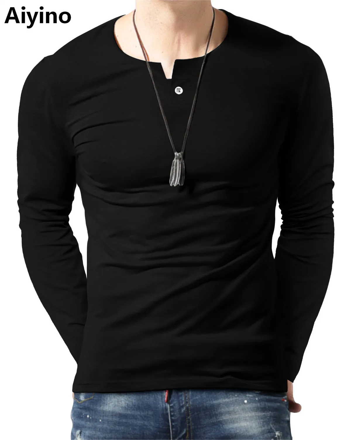 Aiyino Men's Casual Slim Fit Single Button Long Sleeve Placket Plain Henley Top T Shirts