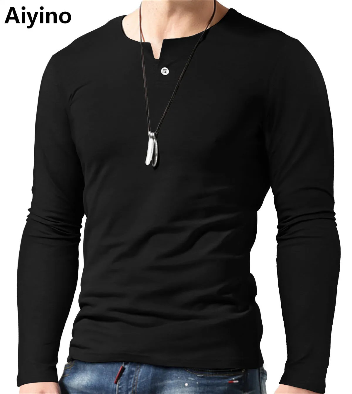 Aiyino Men's Casual Slim Fit Single Button Long Sleeve Placket Plain Henley Top T Shirts