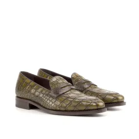 Ambrogio Bespoke Custom Men's Shoes Brown & Olive Python / Crocodile Print / Calf-Skin Leather Loafers (AMB2210)