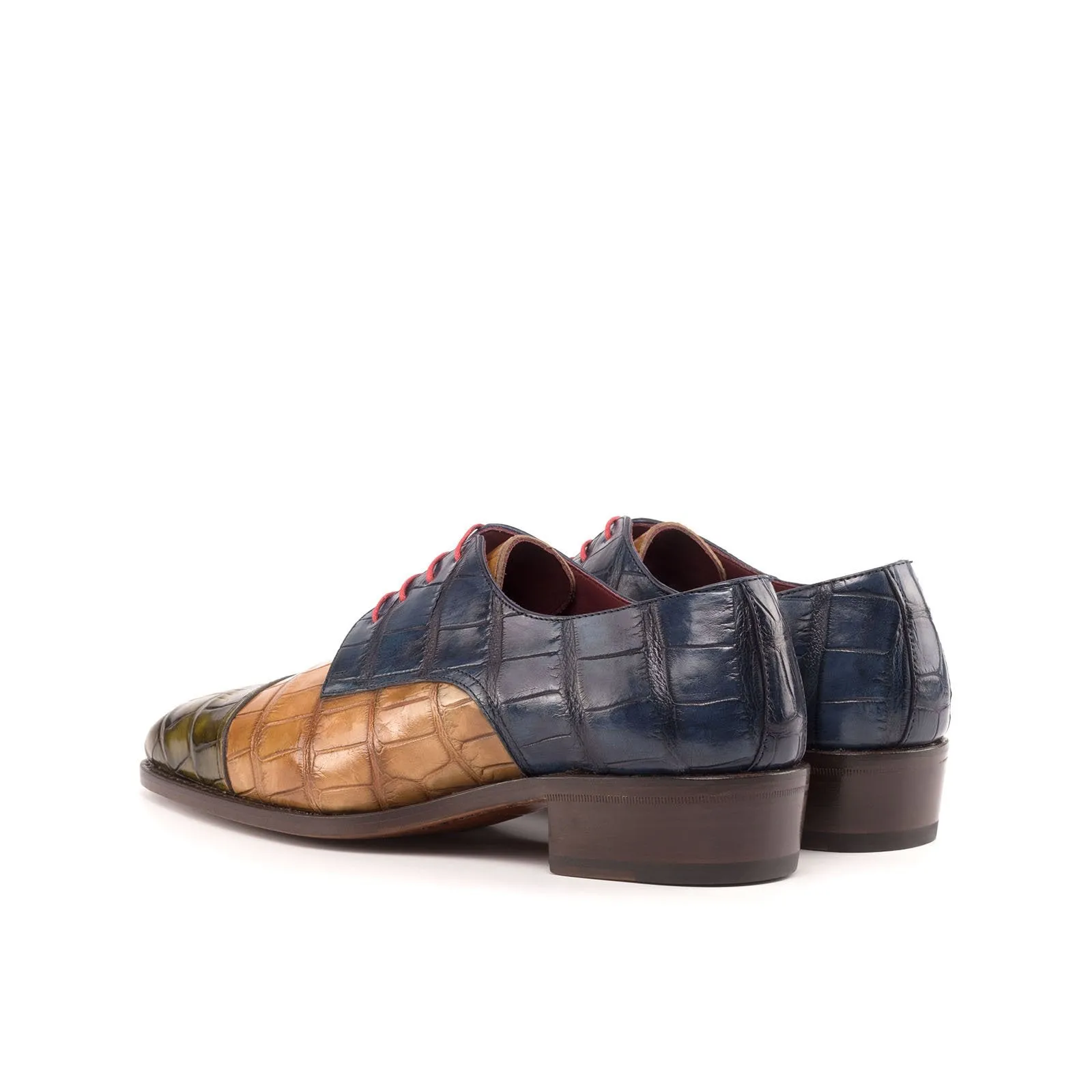 Ambrogio Bespoke Custom Men's Shoes Cognac, Navy & Olive Exotic Alligator Derby Oxfords (AMB2205)