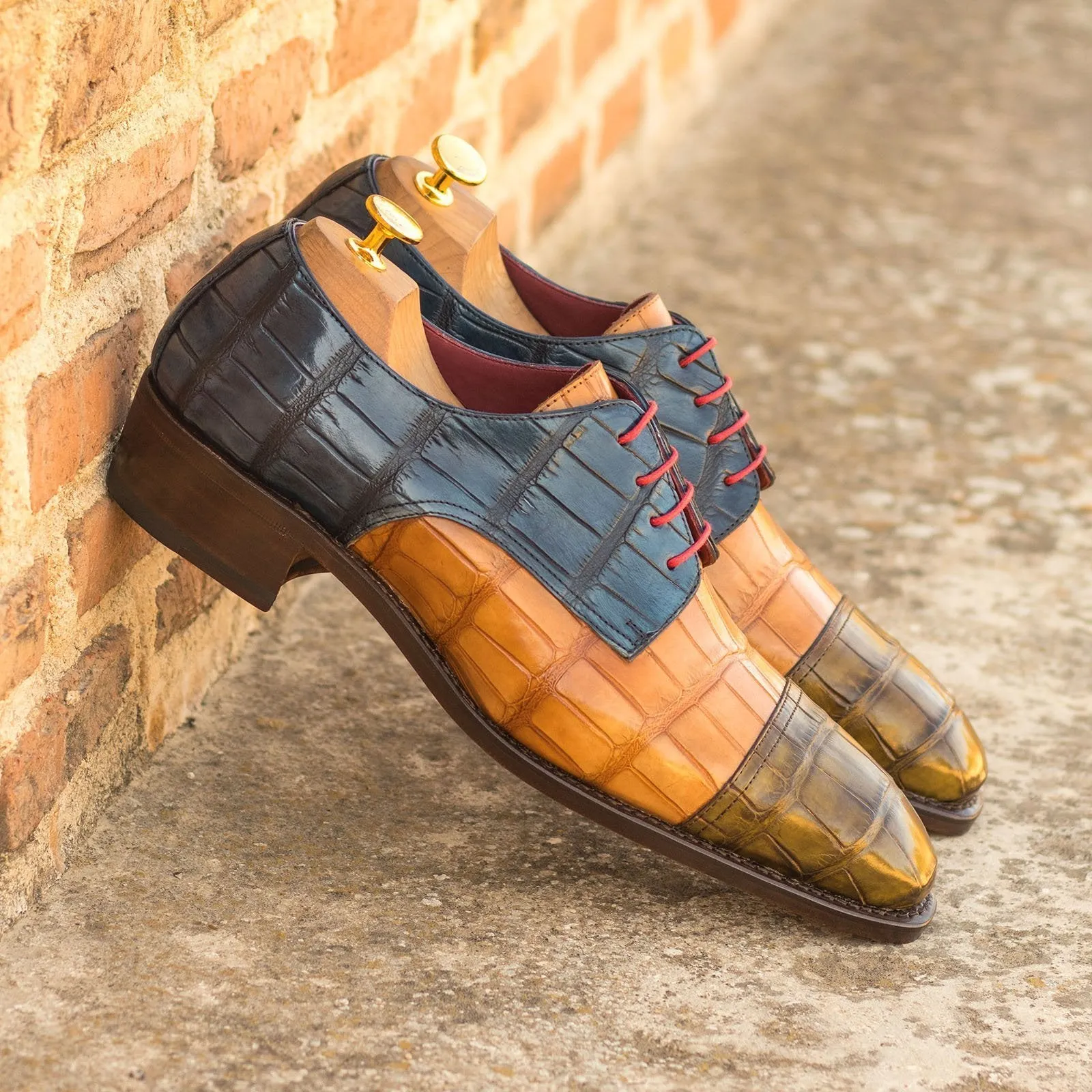 Ambrogio Bespoke Custom Men's Shoes Cognac, Navy & Olive Exotic Alligator Derby Oxfords (AMB2205)