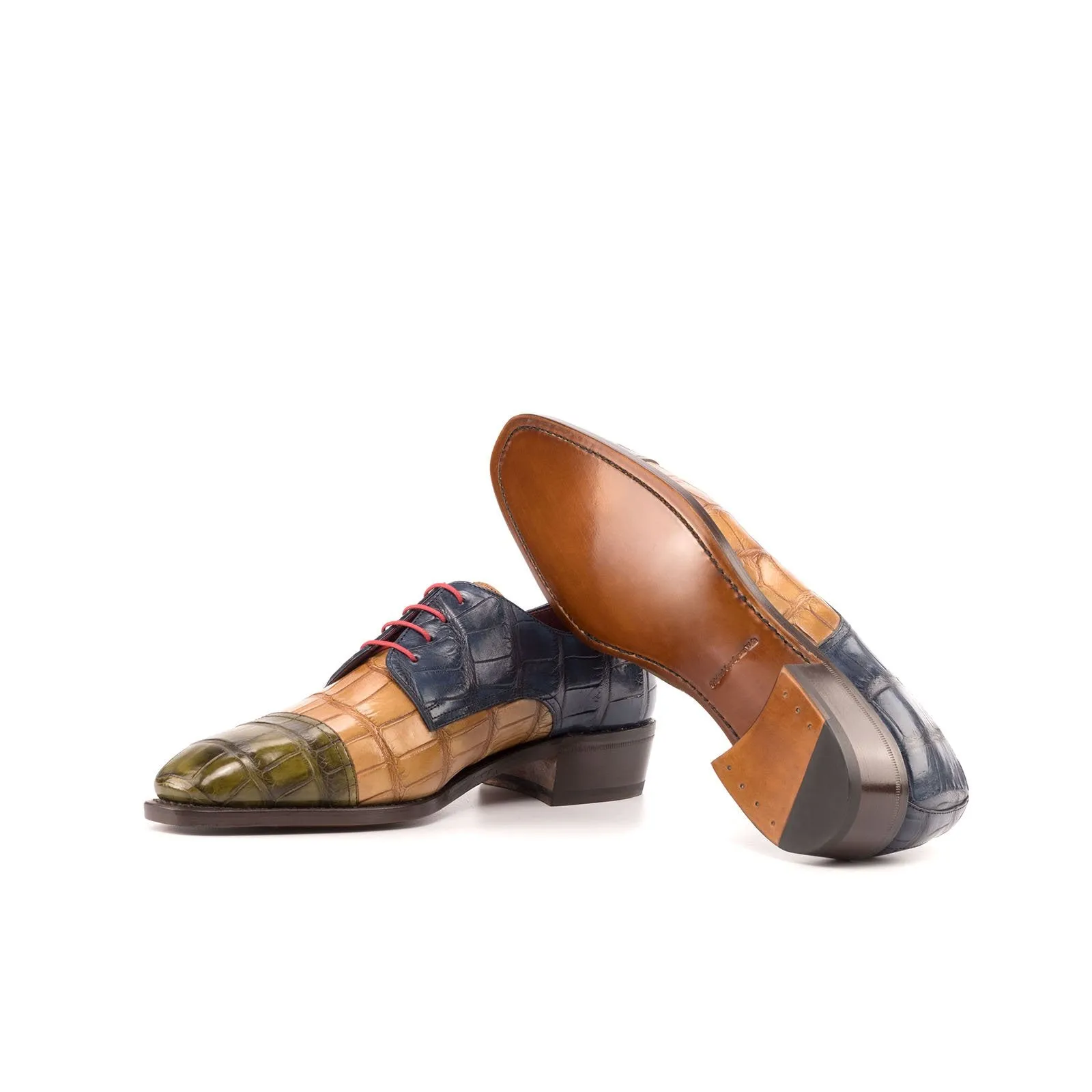 Ambrogio Bespoke Custom Men's Shoes Cognac, Navy & Olive Exotic Alligator Derby Oxfords (AMB2205)