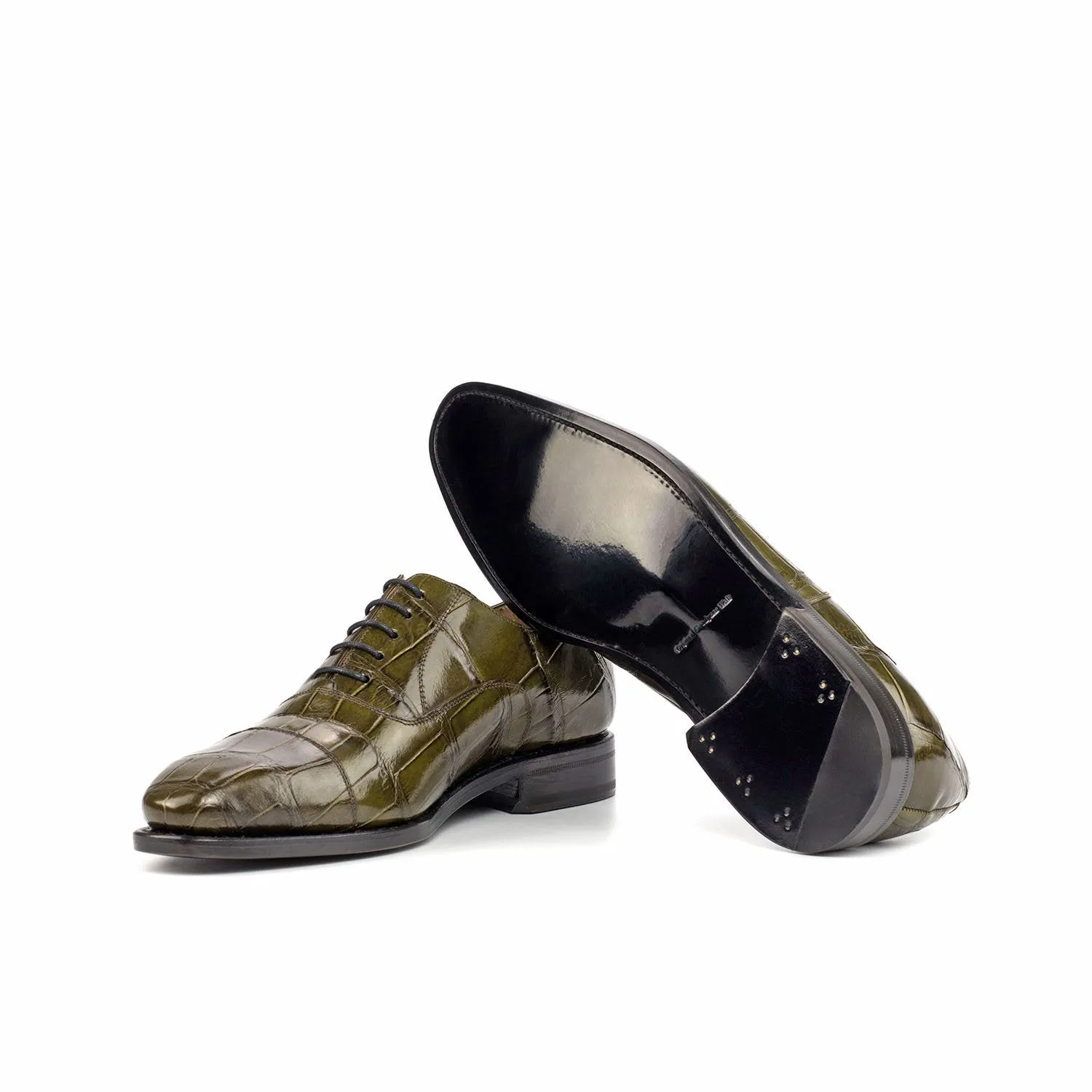 Ambrogio Bespoke Custom Men's Shoes Green Olive Exotic Alligator Wholecut Oxfords (AMB1904)