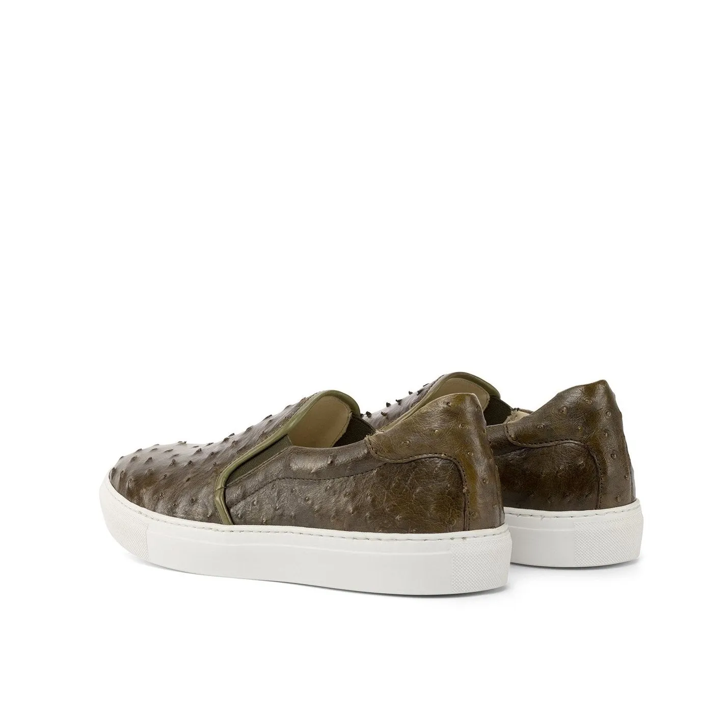 Ambrogio Bespoke Custom Men's Shoes Olive Exotic Ostrich Skin Slip-On Sneakers (AMB2214)