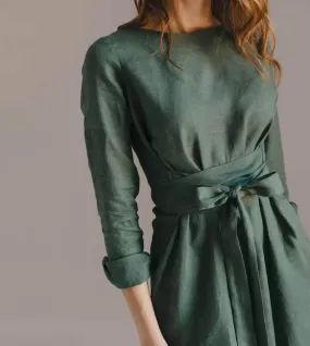 Audrey Green Sage Belted Linen Dress - Long Sleeve / Mini