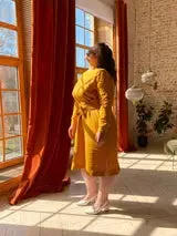 Audrey Mustard Belted Linen Dress - Long Sleeve / Midi