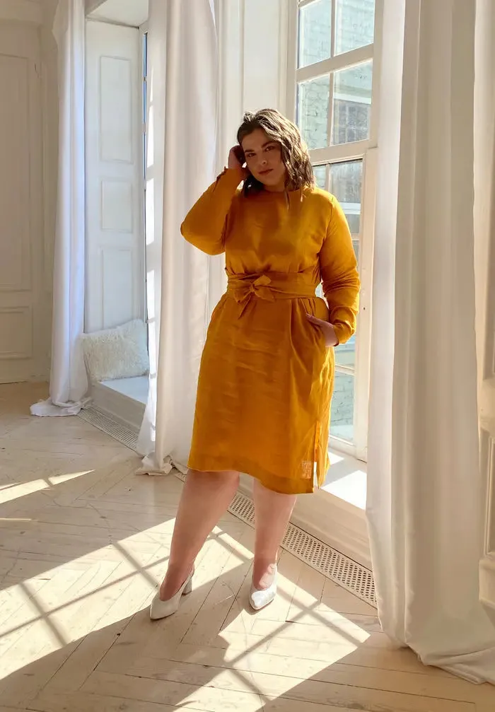 Audrey Mustard Belted Linen Dress - Long Sleeve / Midi