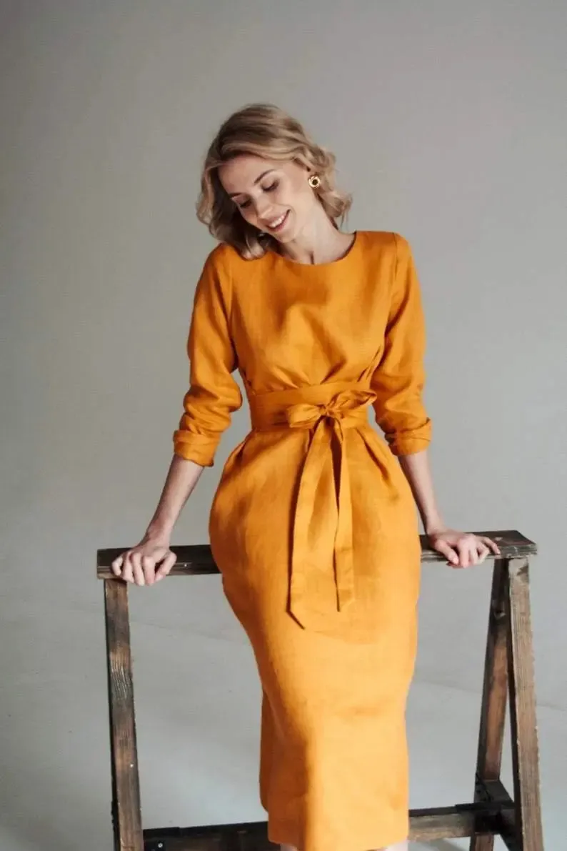 Audrey Mustard Belted Linen Dress - Long Sleeve / Midi