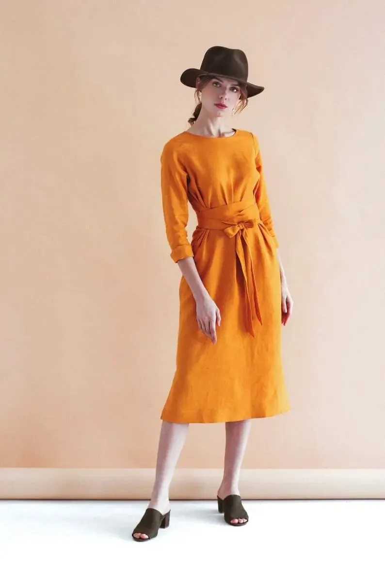 Audrey Mustard Belted Linen Dress - Long Sleeve / Midi