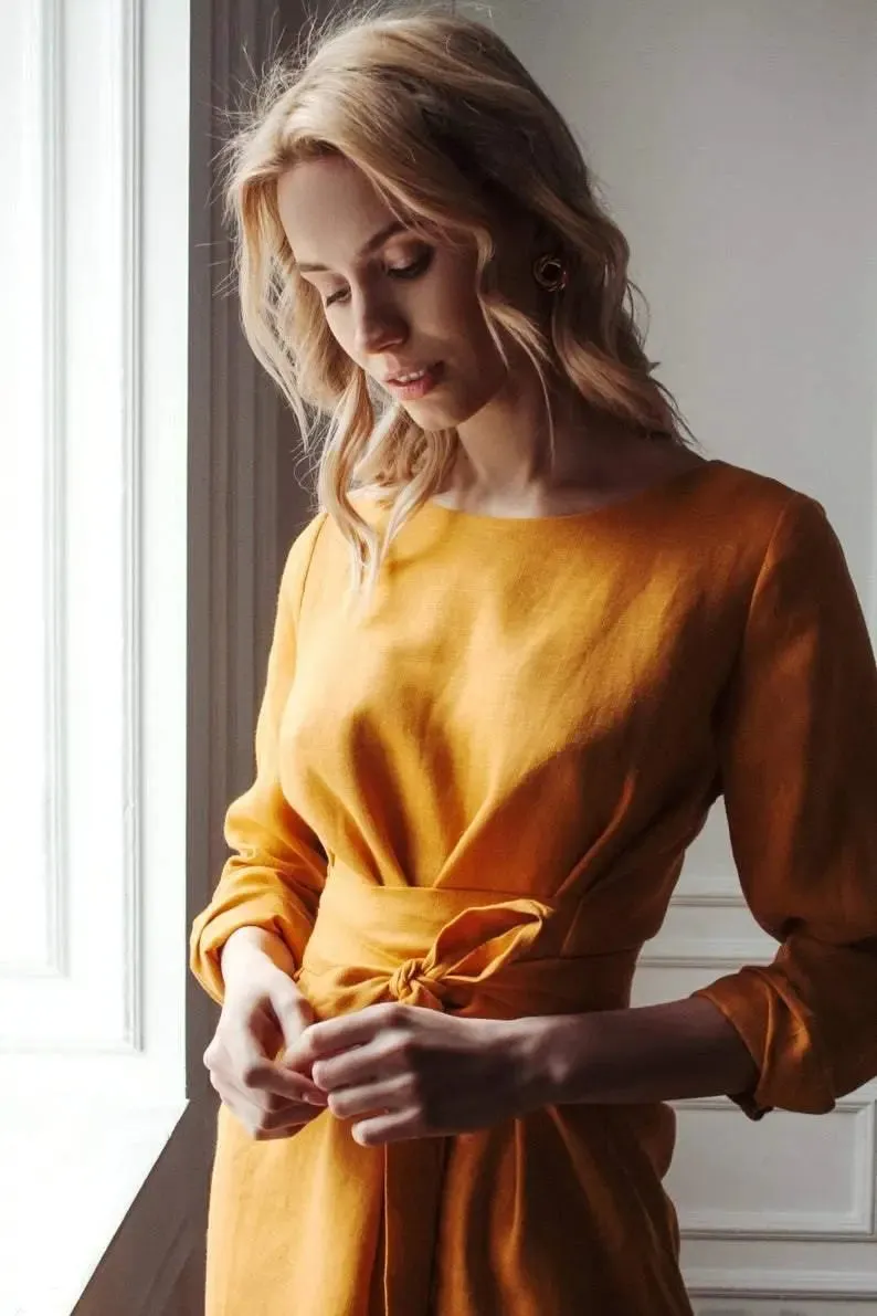 Audrey Mustard Belted Linen Dress - Long Sleeve / Midi