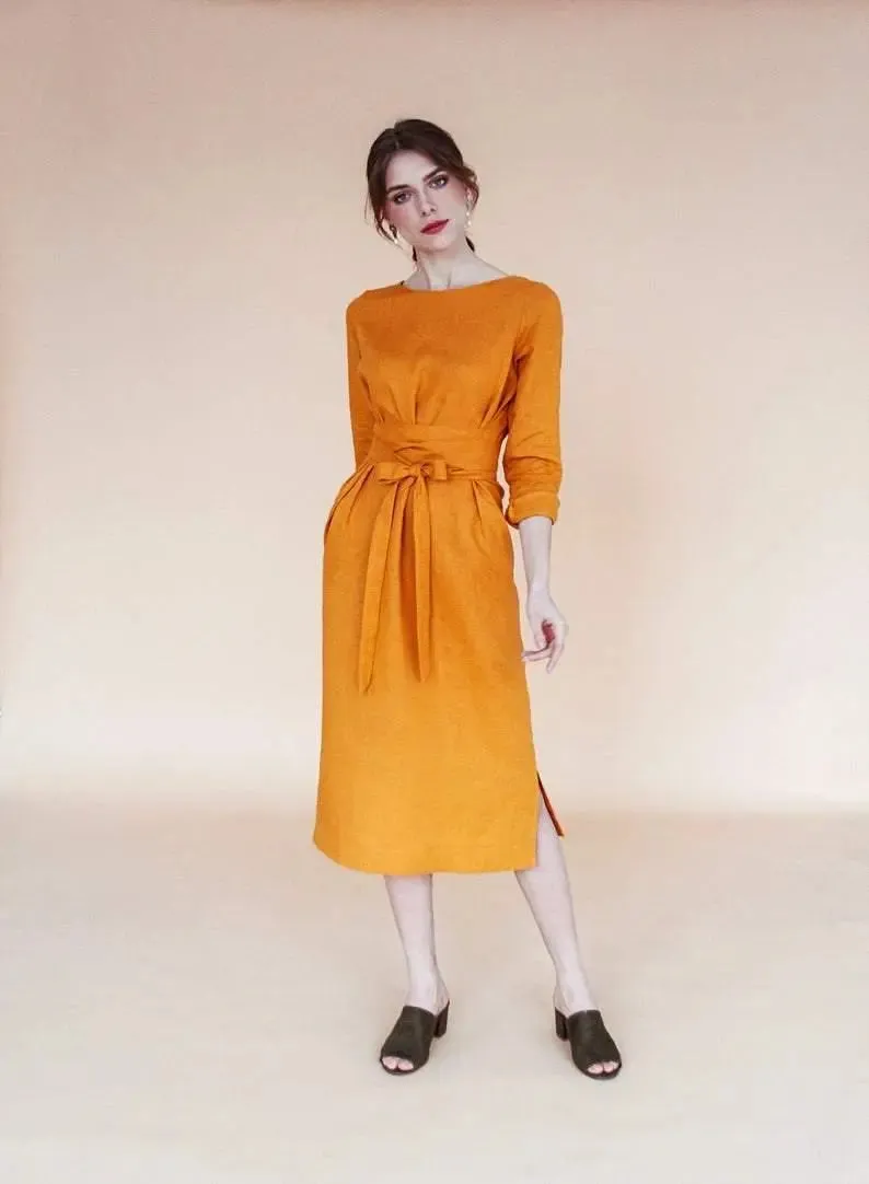 Audrey Mustard Belted Linen Dress - Long Sleeve / Midi