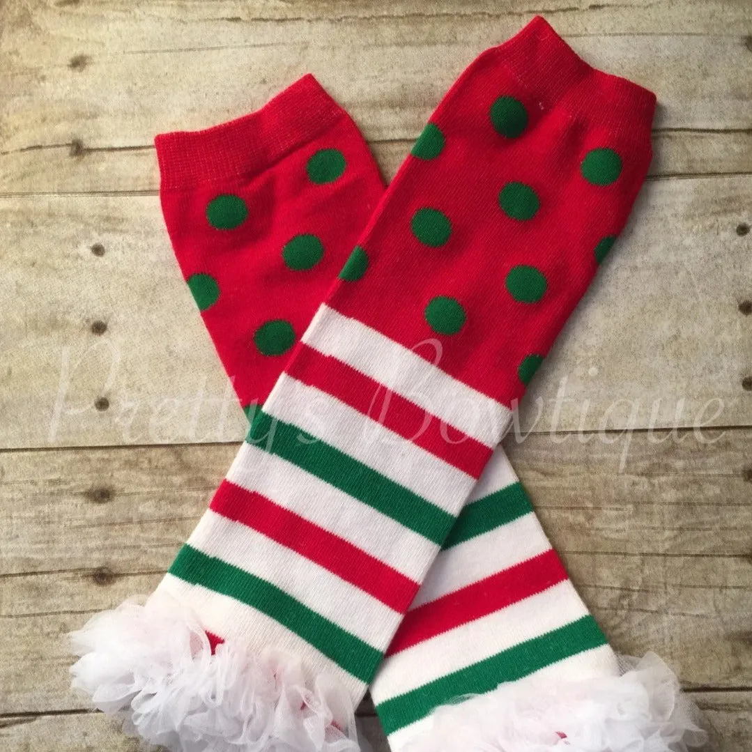 Baby Christmas Leg Warmers in Red, Green and White Polka Dot and Stripe