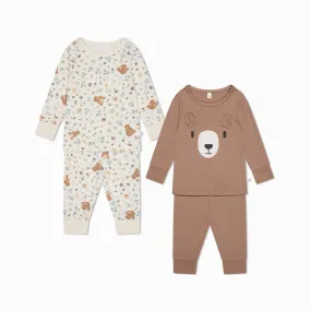 Bear Print & Ribbed Pajamas 2 Pack