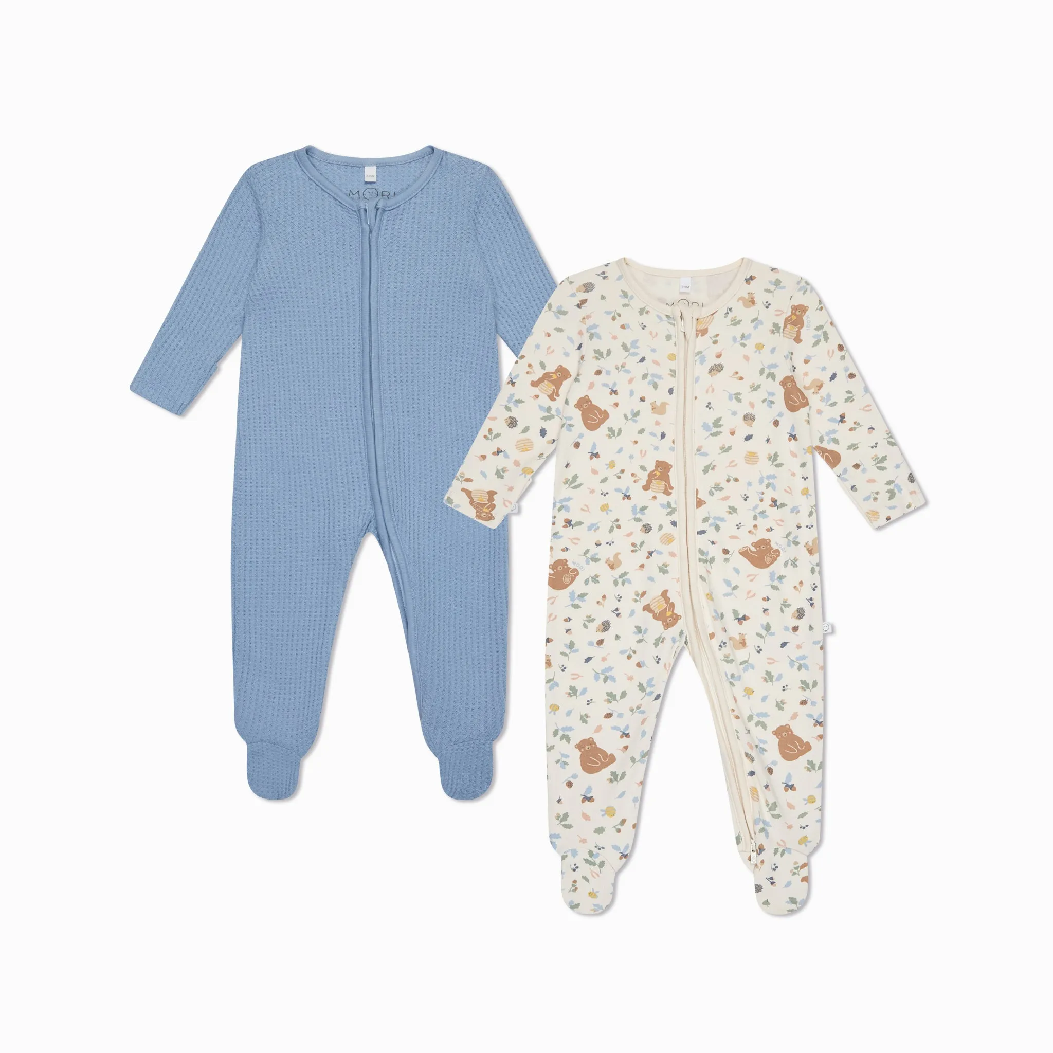 Bear Print & Waffle Clever Zip Baby Pajamas 2 Pack