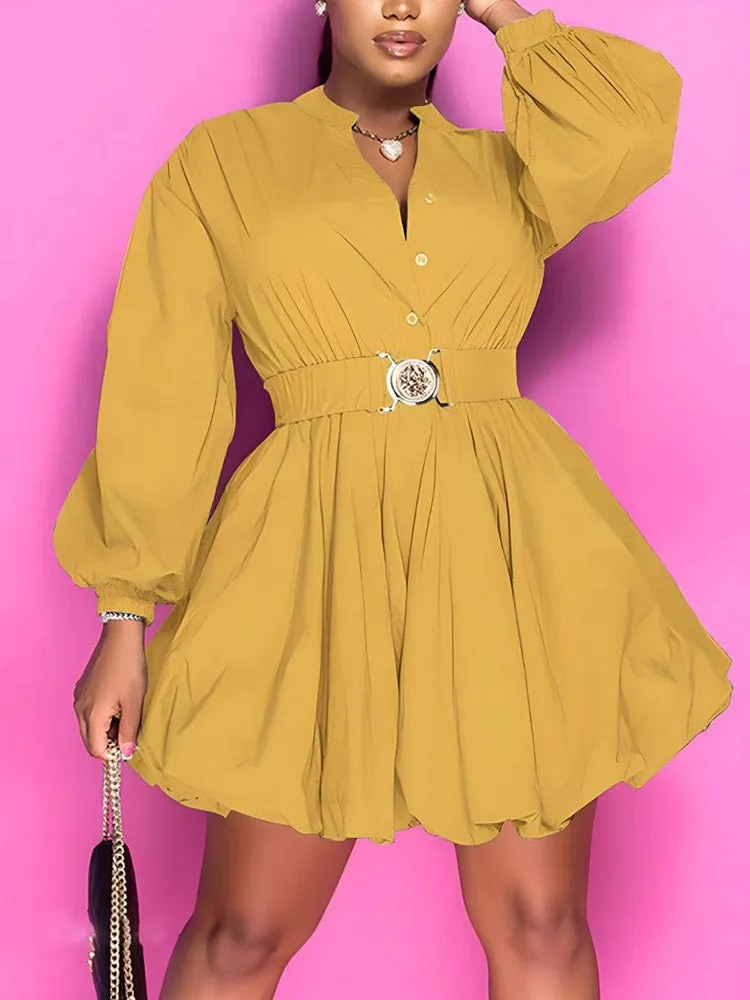 Belted Puffy Sleeve Dress