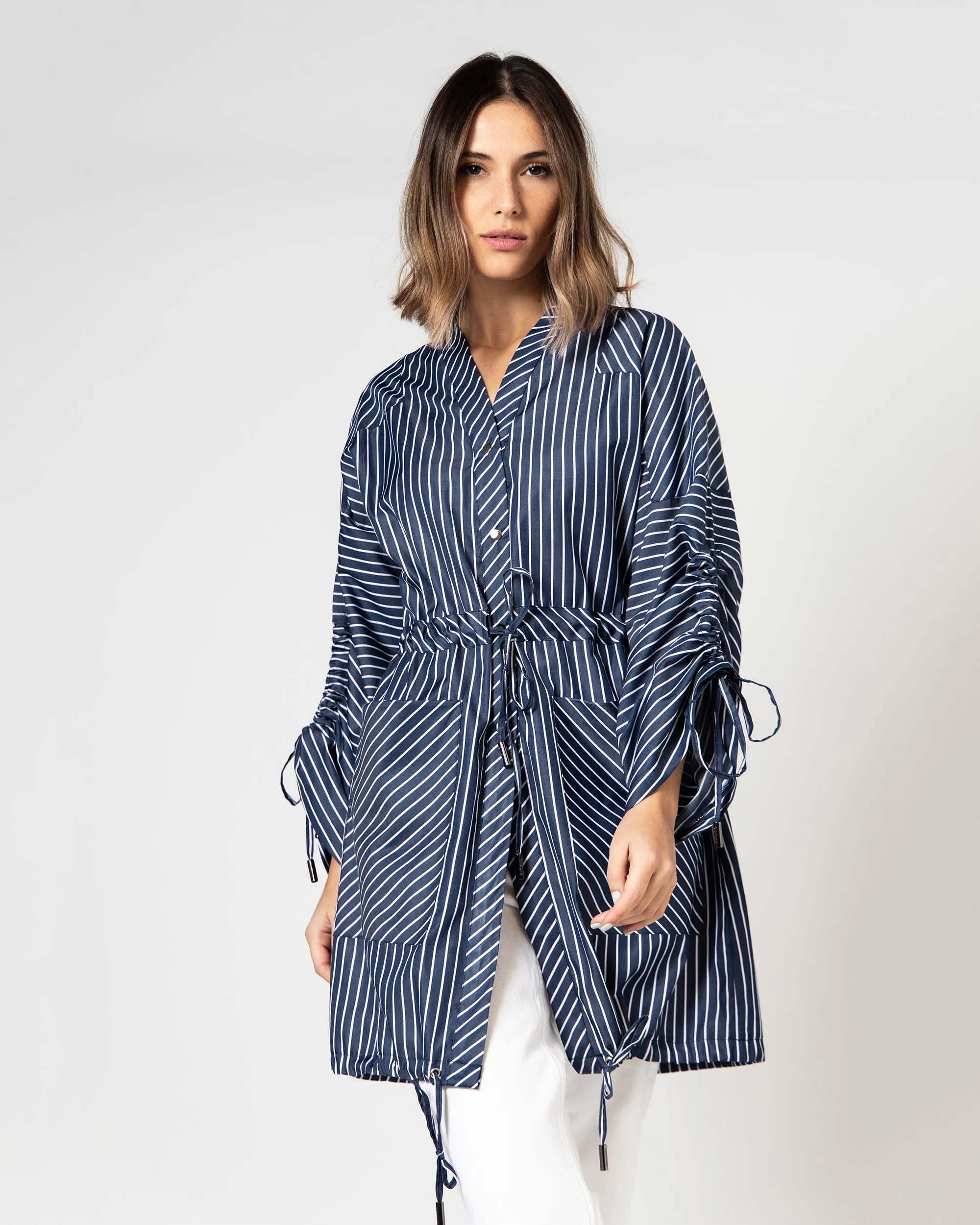 BELTED WAIST GATHERED TIE SLEEVES MIX COTTON BLOUSE 2255 - بلوزة