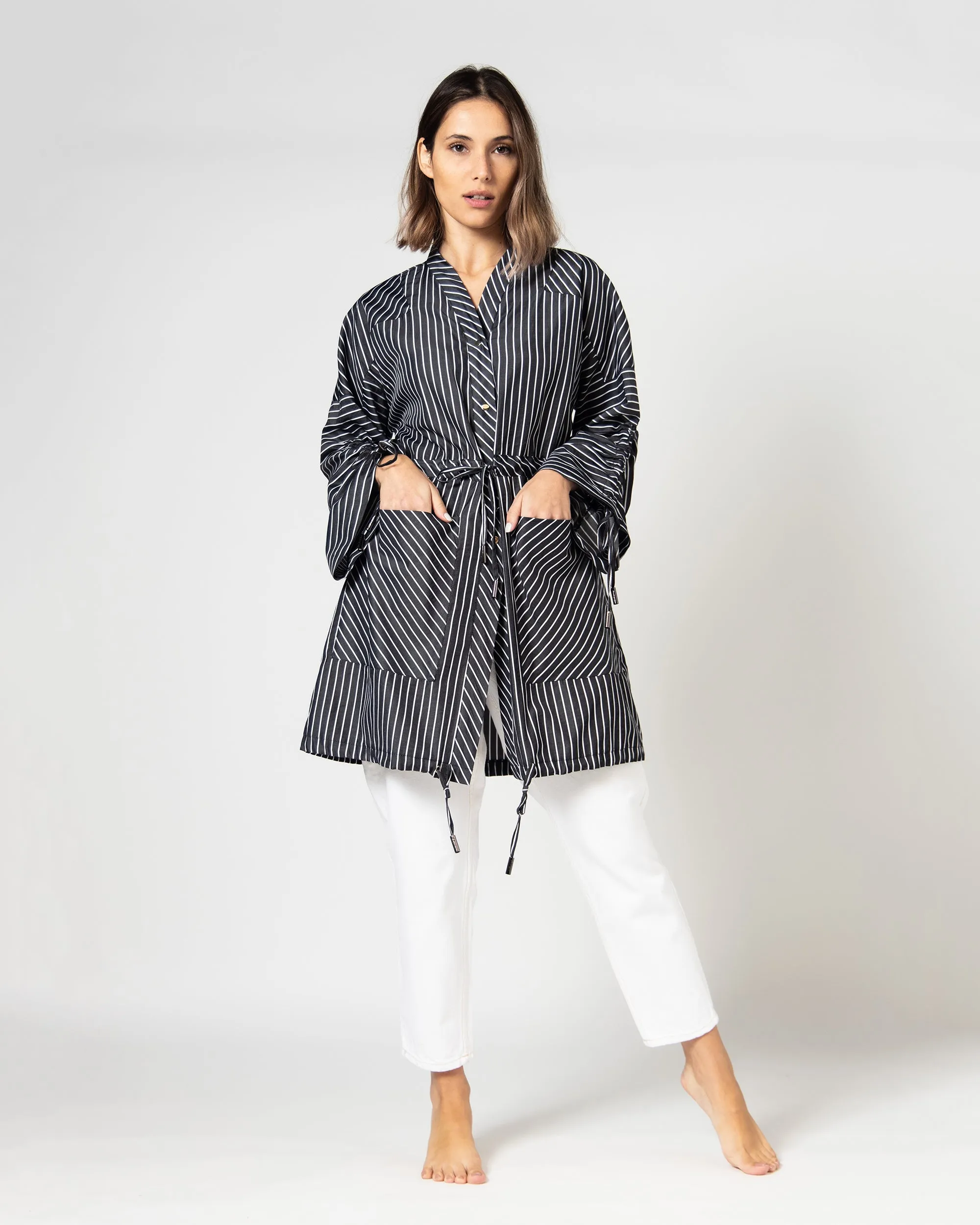 BELTED WAIST GATHERED TIE SLEEVES MIX COTTON BLOUSE 2255 - بلوزة