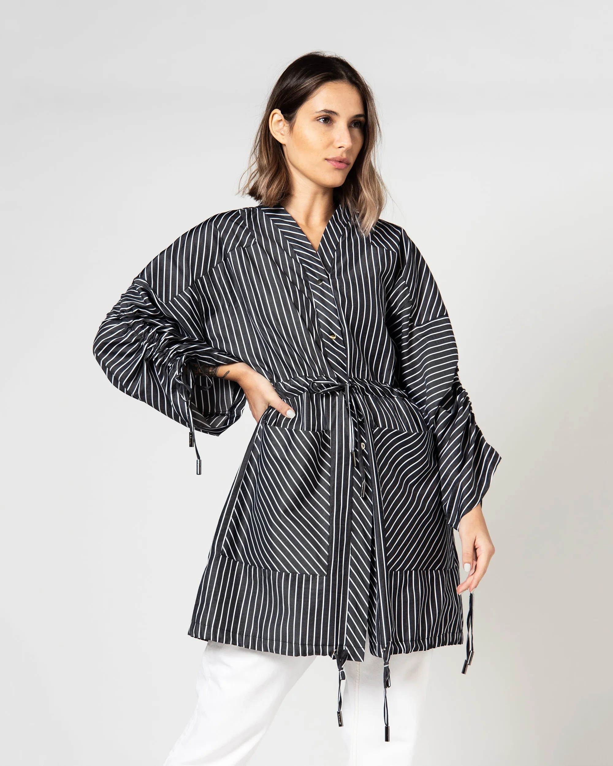 BELTED WAIST GATHERED TIE SLEEVES MIX COTTON BLOUSE 2255 - بلوزة