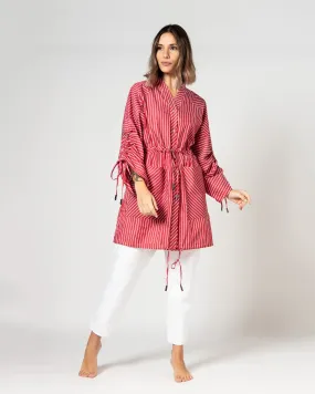 BELTED WAIST GATHERED TIE SLEEVES MIX COTTON BLOUSE 2255 - بلوزة