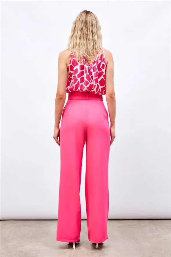 Belted Wide Leg Trousers - Hot Pink