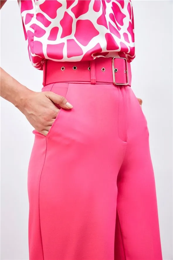 Belted Wide Leg Trousers - Hot Pink