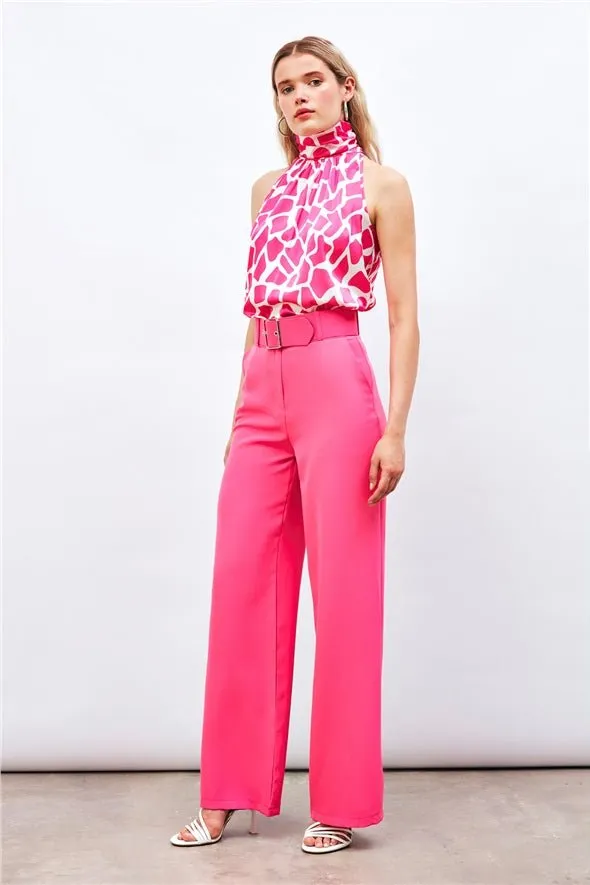 Belted Wide Leg Trousers - Hot Pink