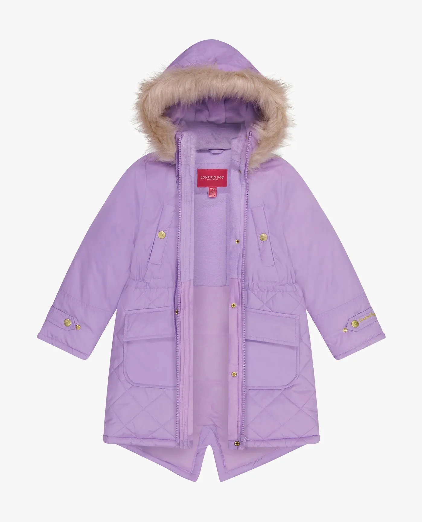 BIG GIRLS ZIP-FRONT MID CINCH QUILTED PARKA WITH FUR TRIMMED HOOD