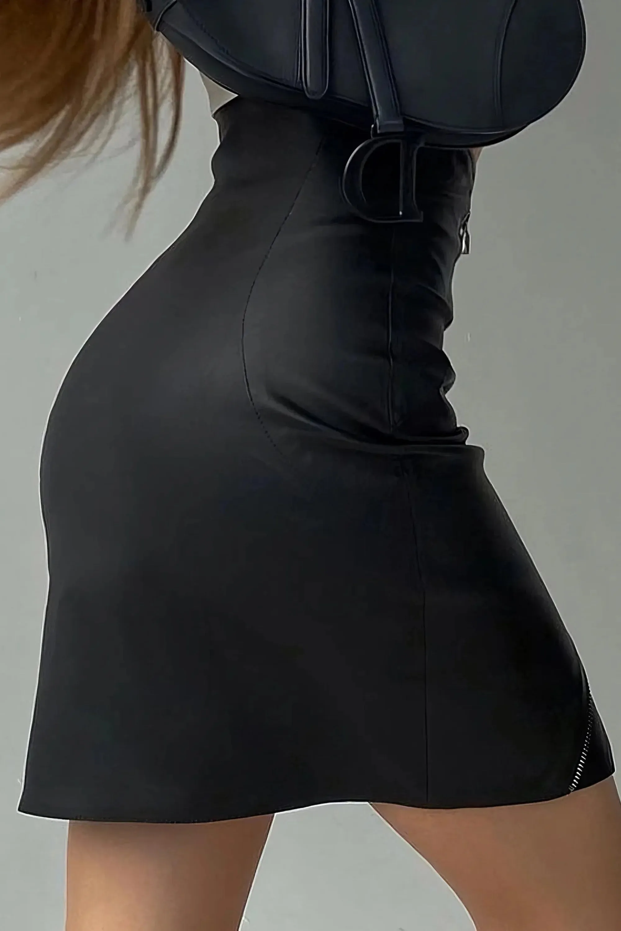 Black High Waisted Front Zipper Asymmetrical Leather Skirt