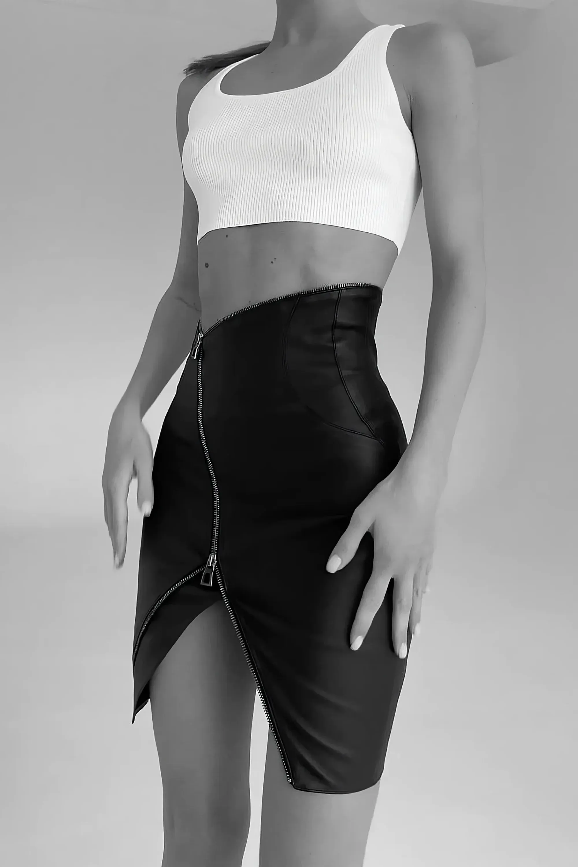 Black High Waisted Front Zipper Asymmetrical Leather Skirt