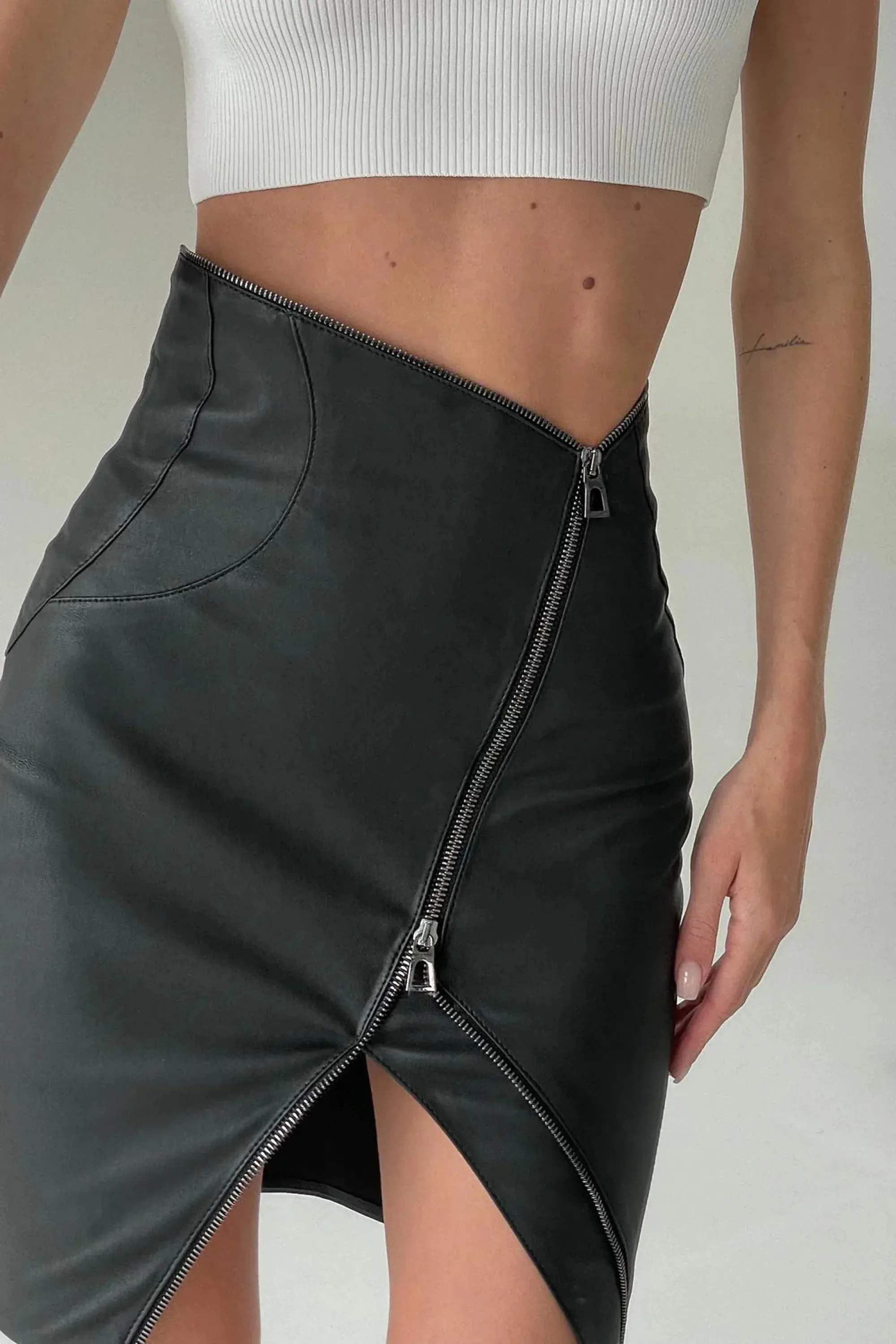 Black High Waisted Front Zipper Asymmetrical Leather Skirt