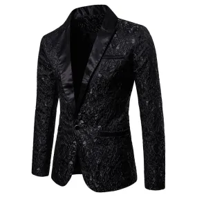 Black Jacquard Bronzing Floral Blazer Men's Luxury Brand Single Button Suit Jacket Wedding Party Stage Homme