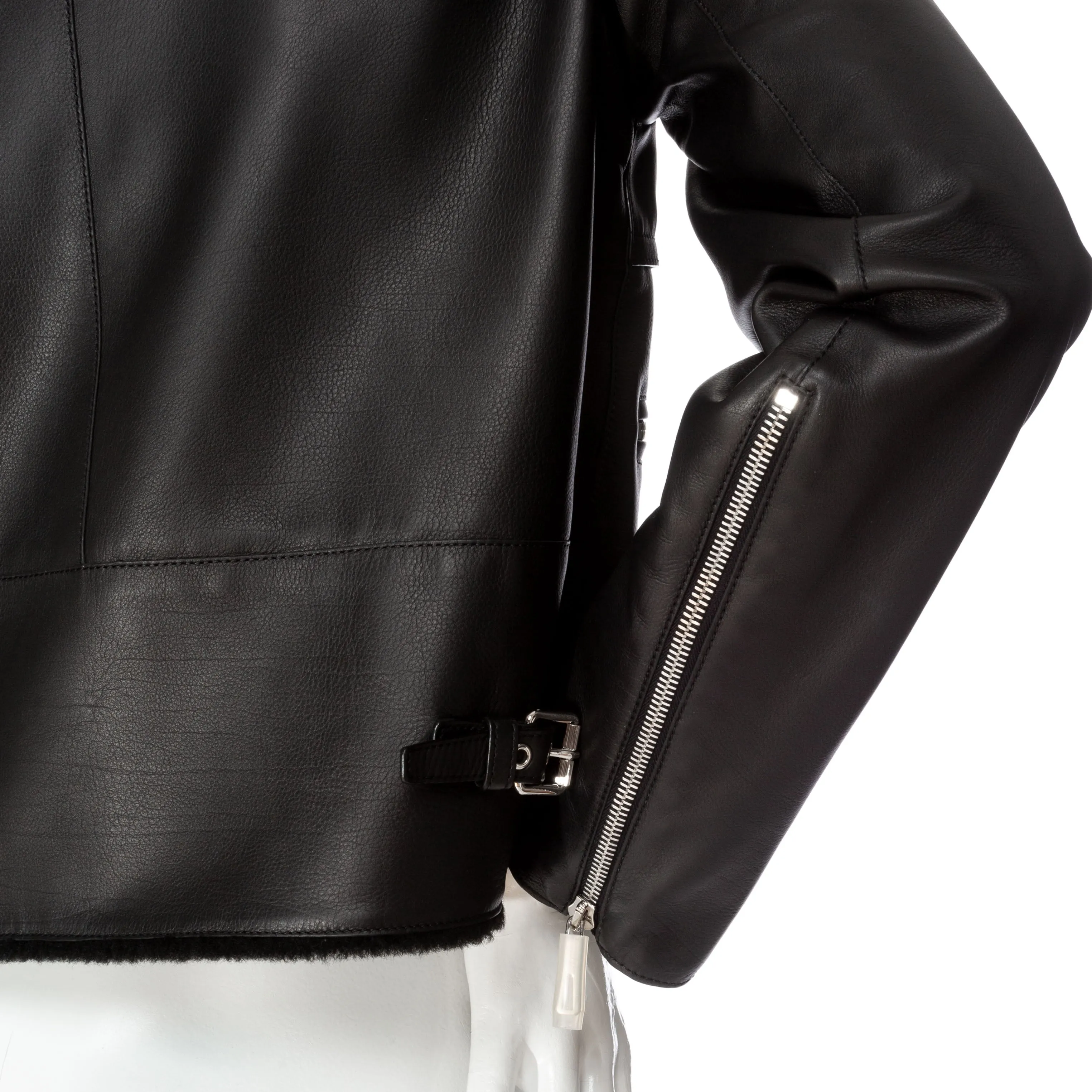 Black Leather Shearling-Lined Cropped Biker Jacket