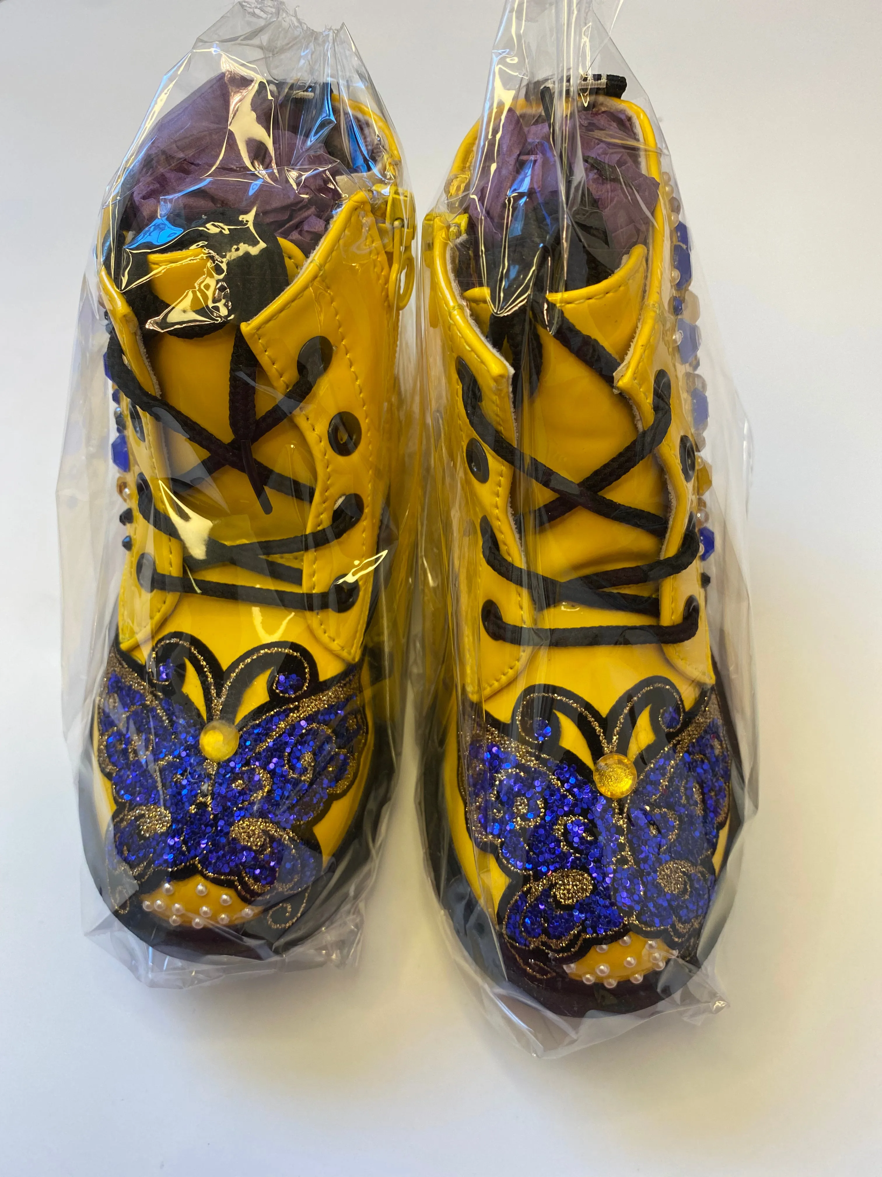 BLUE BUTTERFLIES ON YELLOW BOOTS