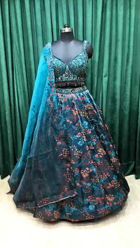 Bottle Green Organza Lehenga Print With Sequins, Jarkan, and Cut Dana