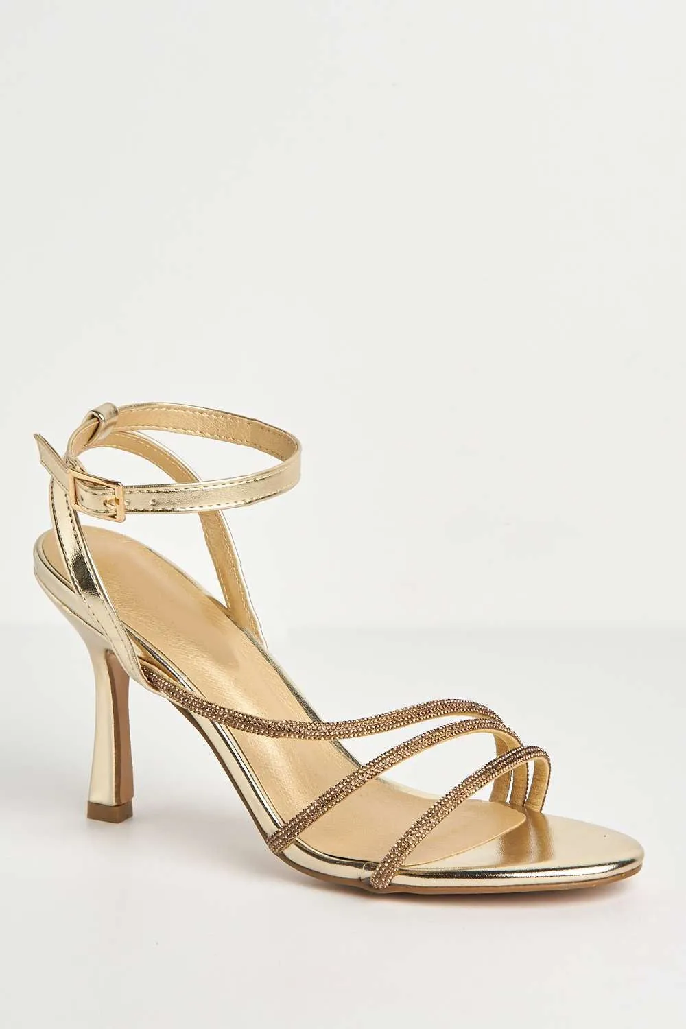 Carra Diamante Embellished Ankle Strap Sandals in Gold