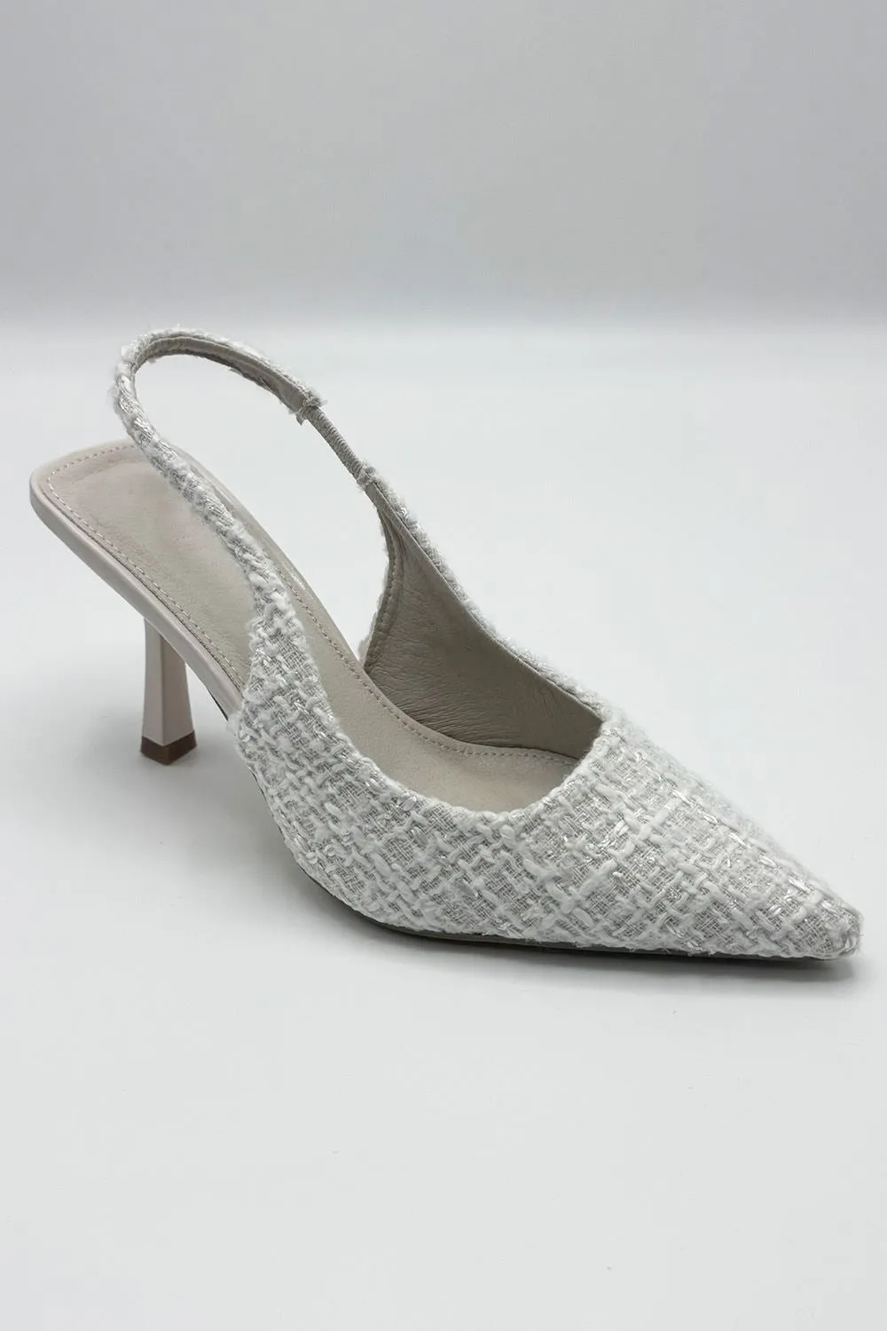 Cher Pointed Toe Tweed Sling back Court Shoe in Beige