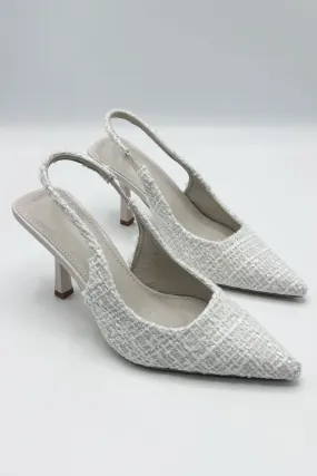 Cher Pointed Toe Tweed Sling back Court Shoe in Beige