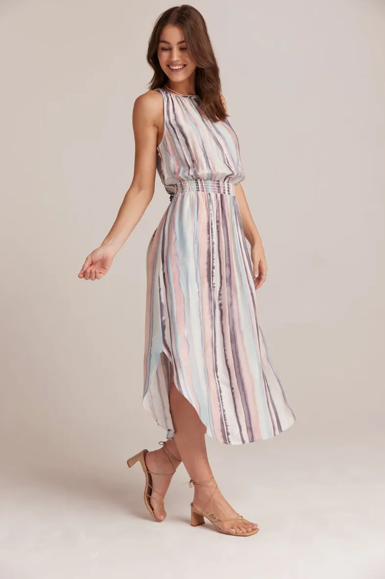 COASTAL STRIPE SLEEVELESS SMOCKED WAIST MIDI DRESS