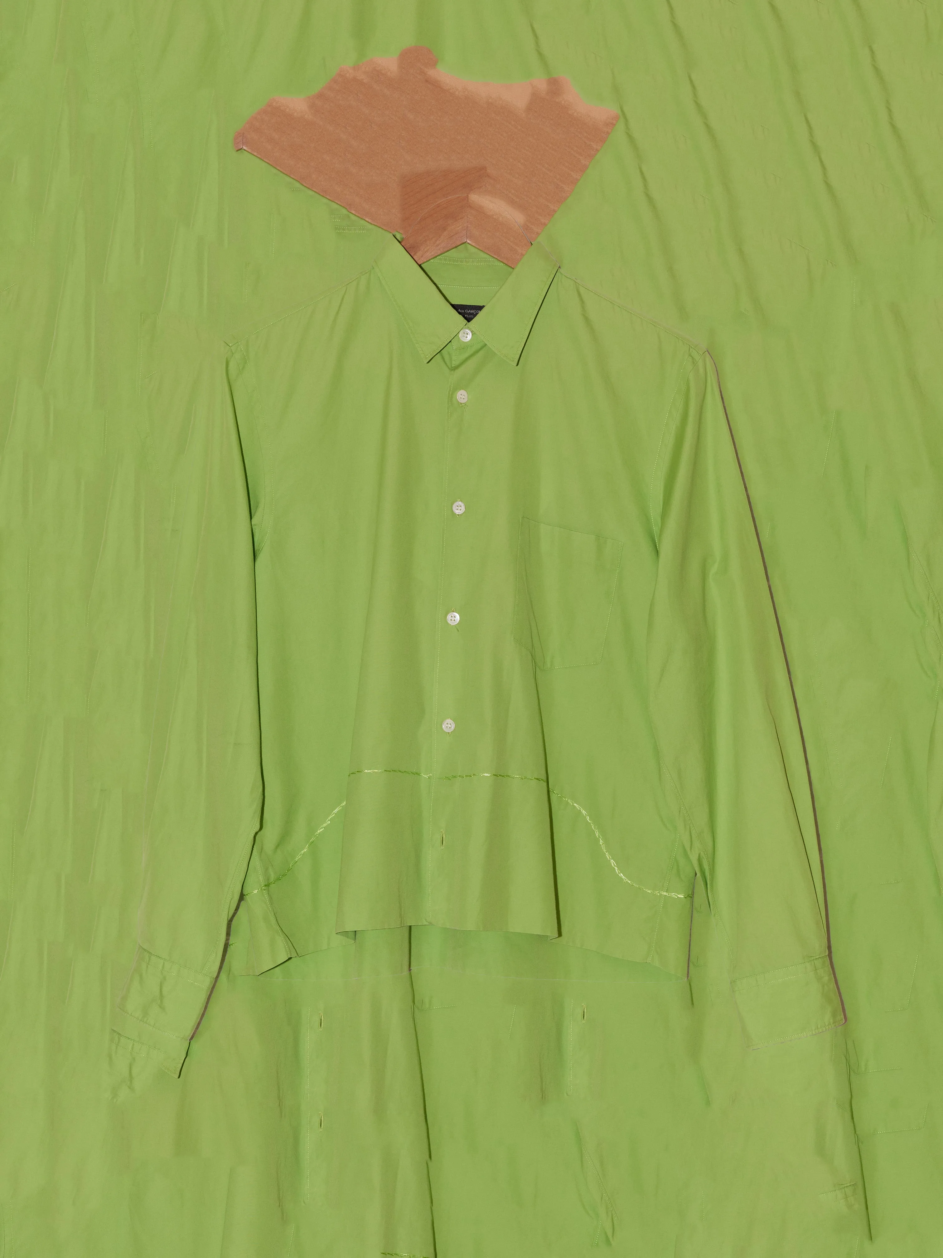 Comme des Garcons Homme Plus 1990s green cotton shirt with folded and embroidered hem