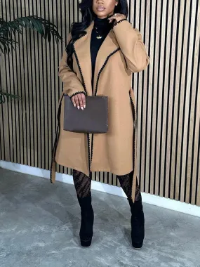 Contrast Lapel Neck Belted Coat