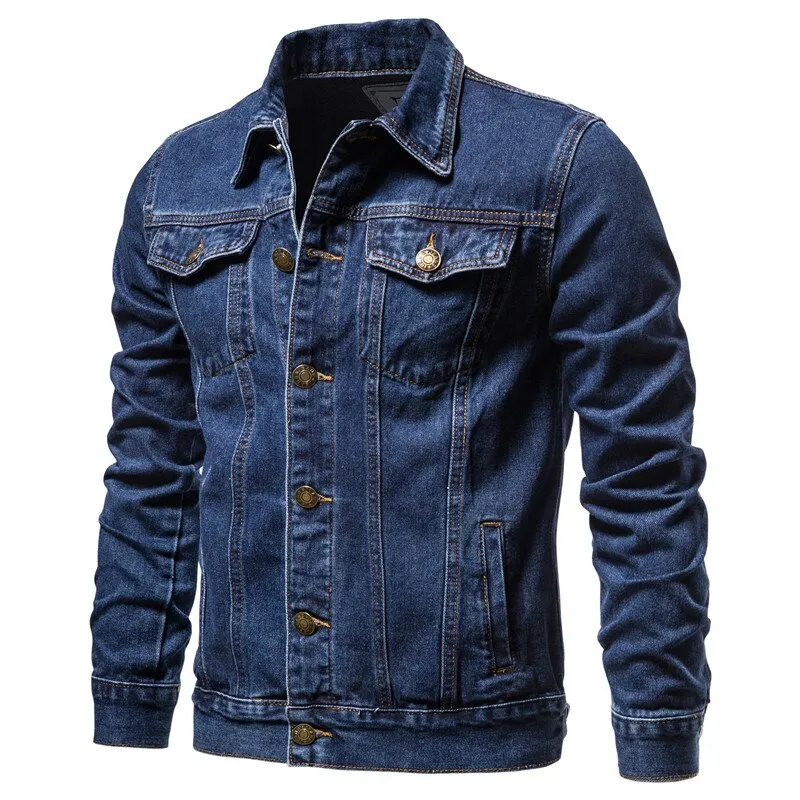 Cotton Denim Jacket Men's Casual Solid Color Lapel Single Breasted Jeans Autumn Slim Fit